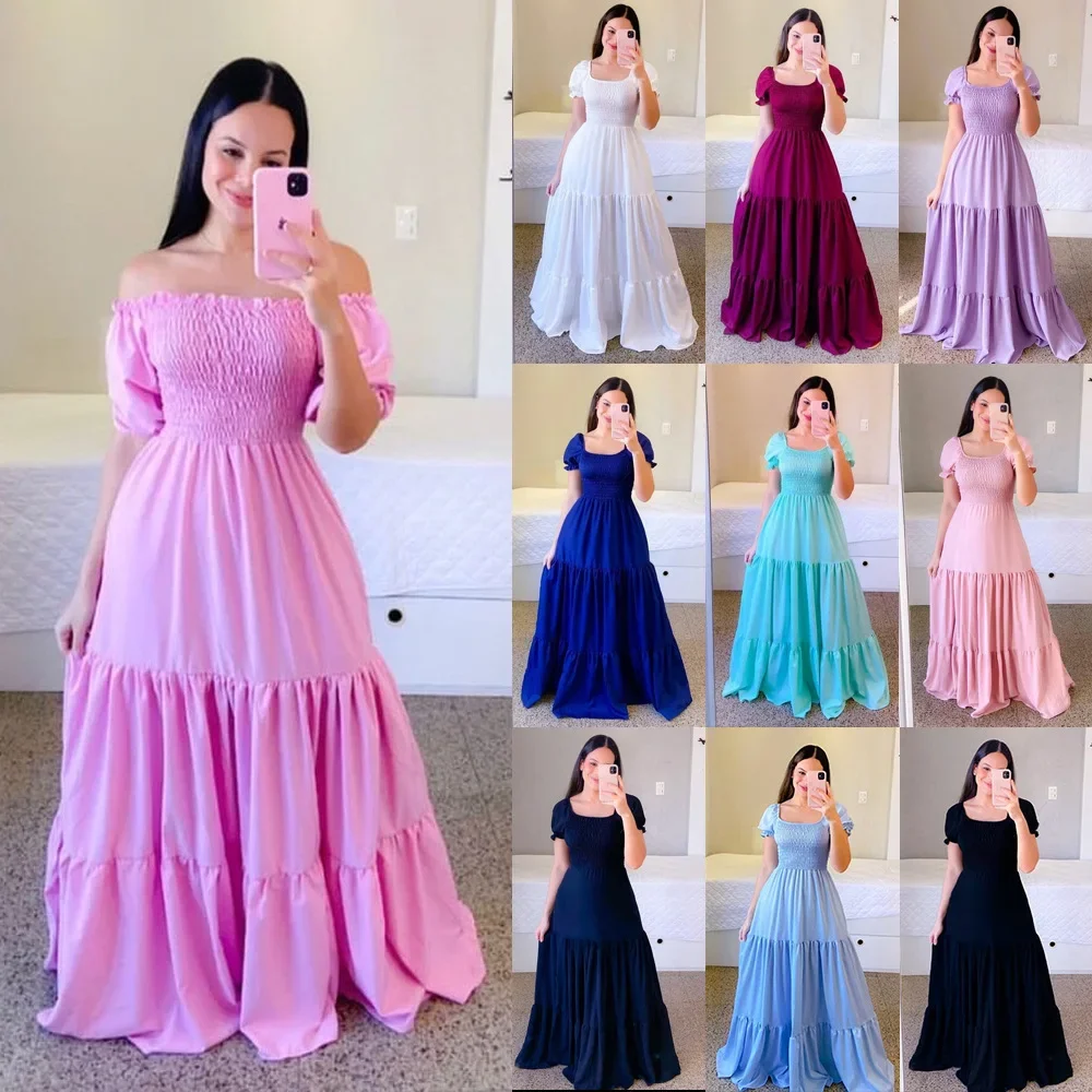 2024 New Cross-border Women's Clothing Off-shoulder Long Dress Sleeveless Summer Spring European Style Fragmented Flower