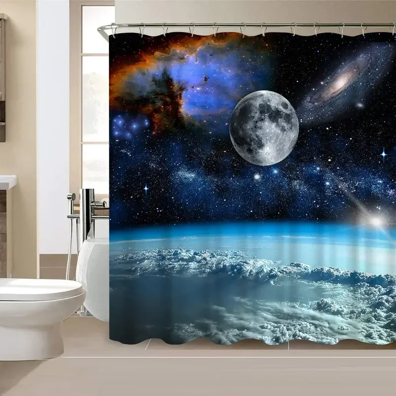 Espace estrelado cortina de chuveiro azul galáxia cortinas nebulosa tecido poliéster à prova dwaterproof água para banheira decoração do quarto com gancho