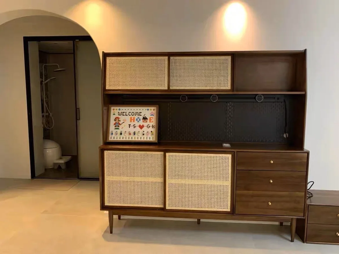 07Solid Wood Sideboard Integrated High Cabinet Walnut Color Wire-Wrap Board Storage Cabinet Multifunctional TV Cabinet