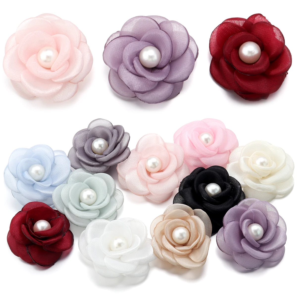 3pcs/pack 5cm Mesh Pearl Simulation Burnt Edge Camellia For DIY Handmade Clothing Decoration Accessories Wholesale
