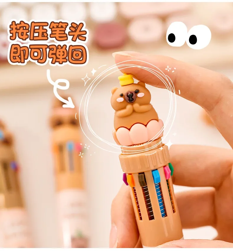 10-Farben-All-in-One-Kugelschreiber Niedlicher Capybara Druckknopf-Mehrfarbenstift mit Glatter Tinte Schreibwerkzeug für Schüler Cartoon Mehr als 12 Farben – Detail 7