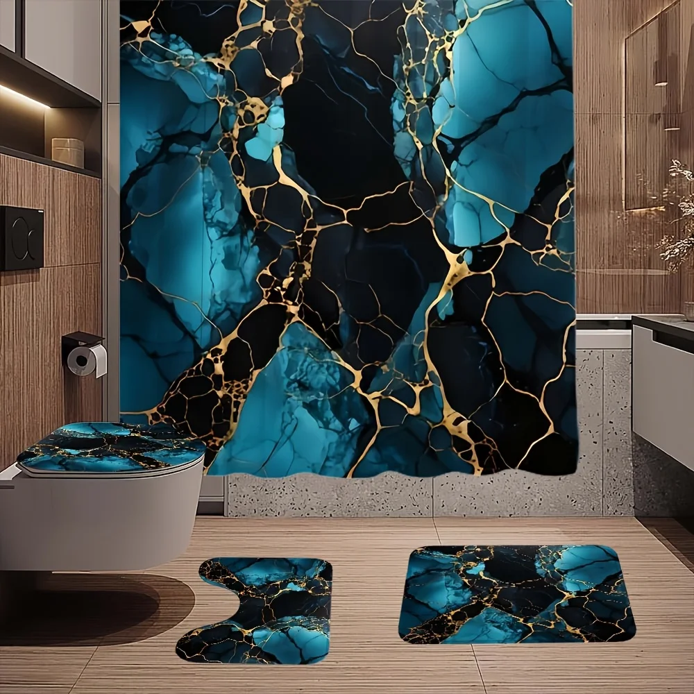 1/4pcs Marble Stripes Pattern Shower Curtain, Shower Curtain Set, Polyester Shower Curtain with 12 Hooks, Non Slip Floor Mat, To