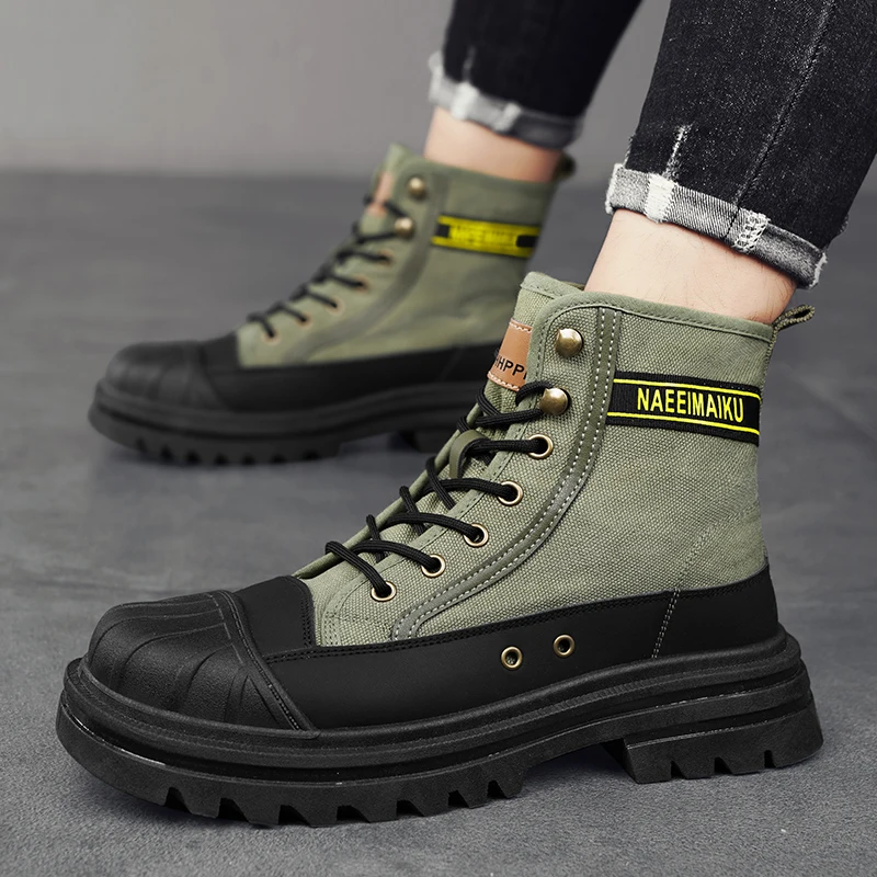 Men\'s boots four seasons high-top casual boots canvas boots soft-soled non-slip thick-soled outdoor boots fashion tooling boots