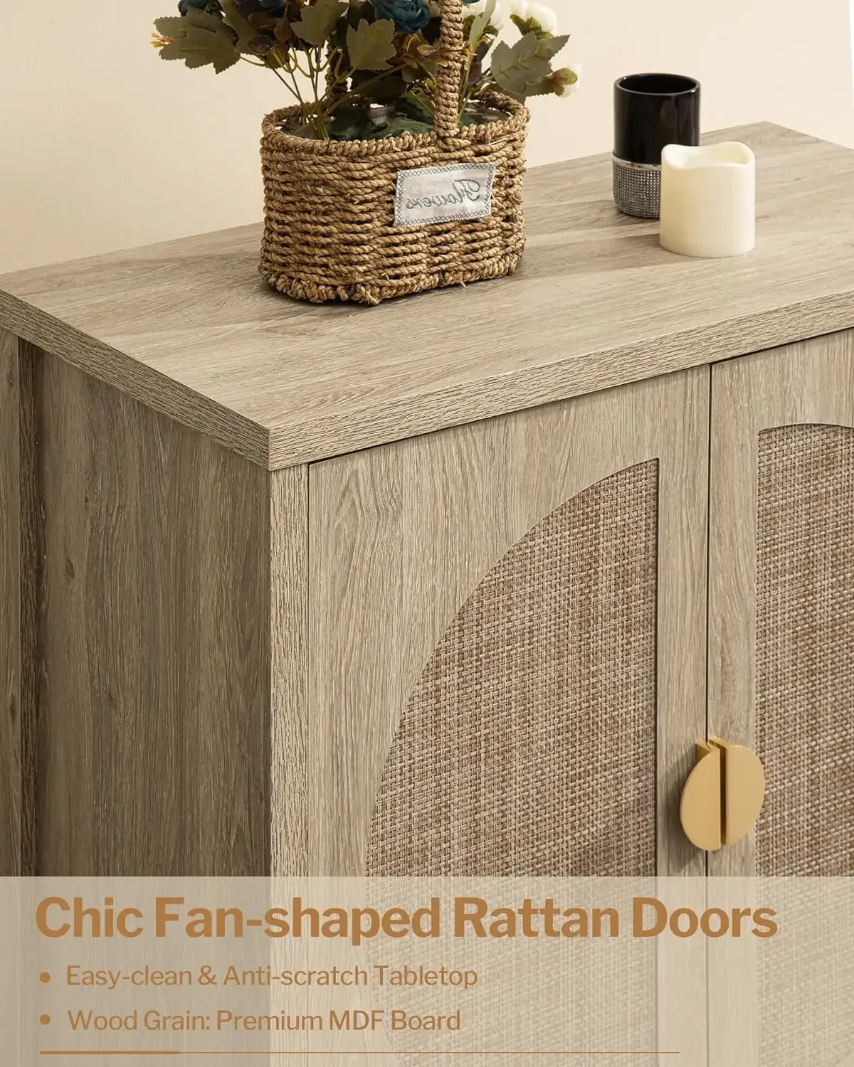 1/2/3pc Accent Wood Cabinet,Rattan Sideboard Buffet Storage Credenza w/ Adjustable Shelves,Multifunctional Console Table,Natural