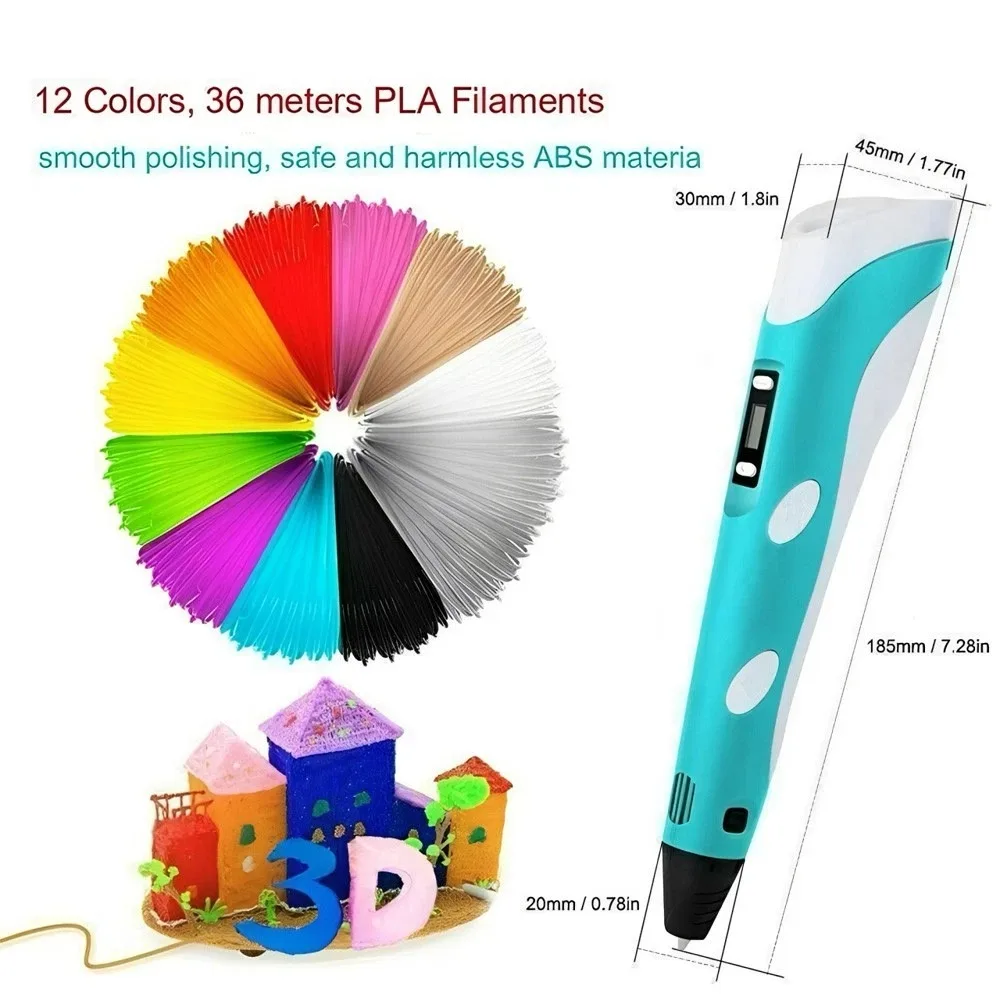 3D Printing Pen DIY Drawing Graffiti Tool 12 Color PLA Filament, 3D Printing Toy Art Kit for Kids Christmas Birthday Gift