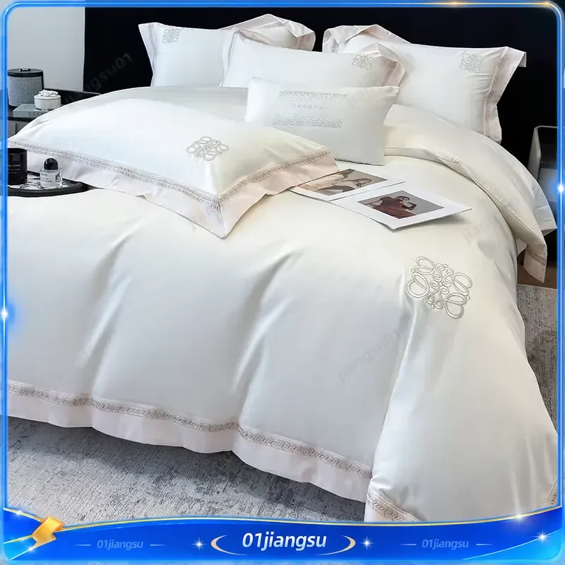White Egyptian Cotton Bedding Set Luxury Stripe Embroidery Duvet Cover Sheet Pillowcase Solid Color Home Textile Queen King