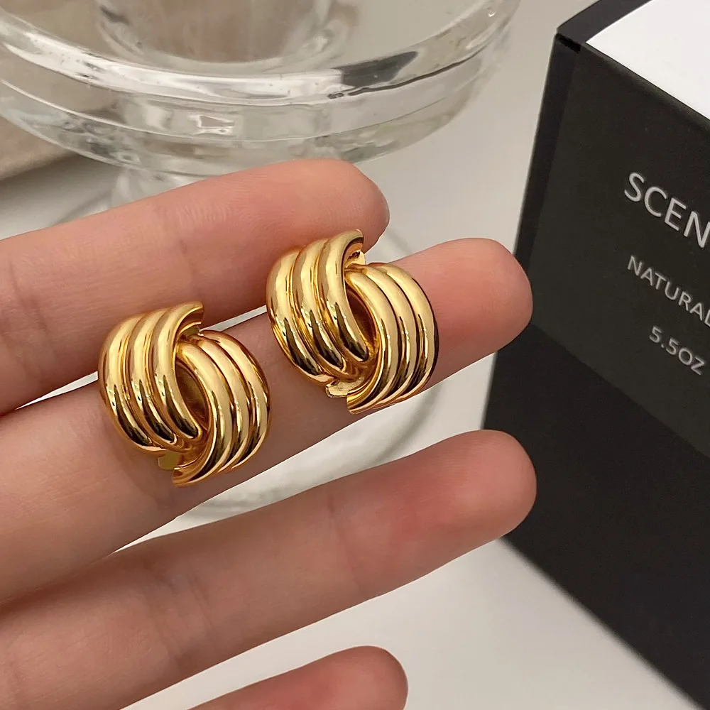 Mode Glänzende Drei-Schicht Strukturierte Kreuzung Knoten Ohrringe für Frauen Gold Farbe Edelstahl Ohrring Vintage-Schmuck Geschenk