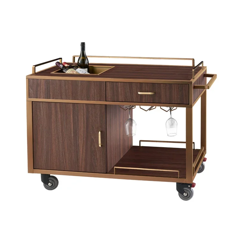 Modern walnut and stainless steel restaurant wine glass rack bar cart