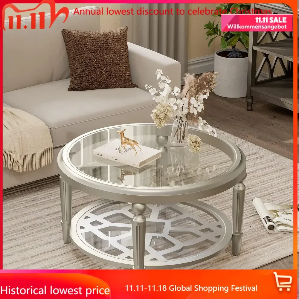 Round Coffee Table, MDF Sofa Table with Storage Open Shelf, Double-Tempered Glass Living Room Table, End Table for Livin