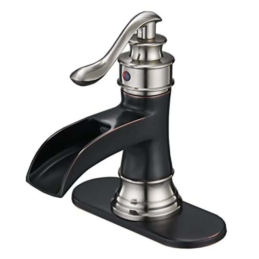 

Waterfall Bathroom Faucet Single Hole Oil Rubbed Bronze with Brushed Nickel for Bathroom Sink Farmhouse Single Handle Vanity Fa