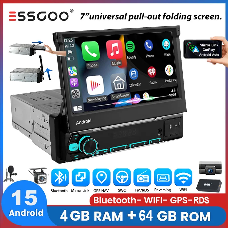 Universal Autoradio ESSGOO Android15 7" 4+64 GB Manuell Retraktil Ausziehbar Klappbarer Touchscreen 1DIN Wireless CarPlay GPS Navigation RDS WiFi FM Bluetooth Lenkradsteuerung Mirror Link Android Auto