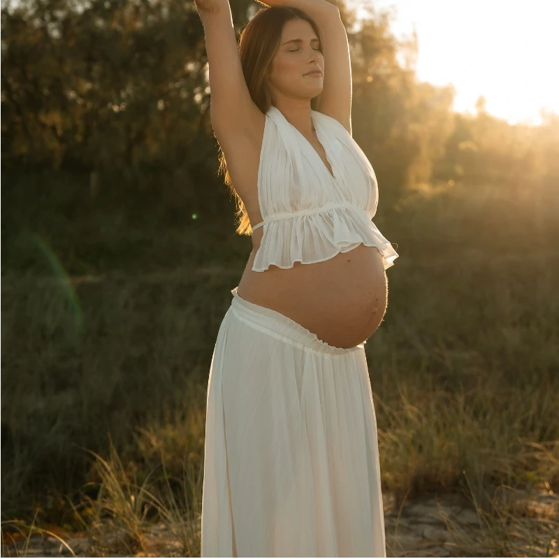 Two-Piece Dress Maternity Photography Dress For Baby Showers V-neck Backless Hanging Neck Pregnant Women Photo Shoot Clothes