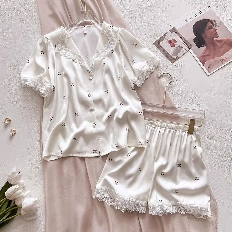 

Женский летний комплект пижамы из ледяного шелка: тонкие шорты и футболка с коротким рукавом, кружевной домашний костюм, милый комплект для сна и отдыха