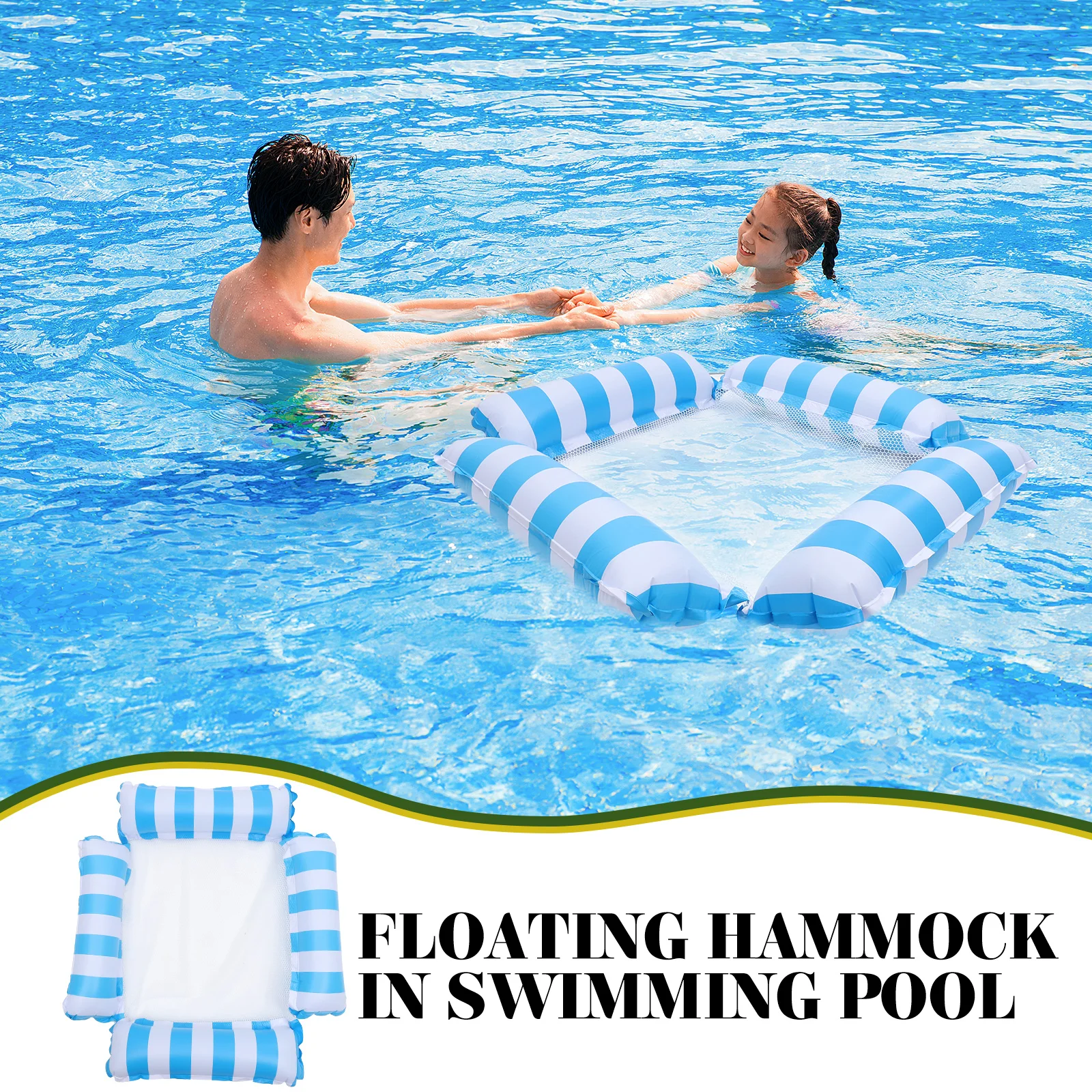 

Inflatable Floating Bed Hammock Pool Mesh Chair 4 Tubes Stripe Blue Foldable Storage Portable Nylon PVC Stable Safe Weight