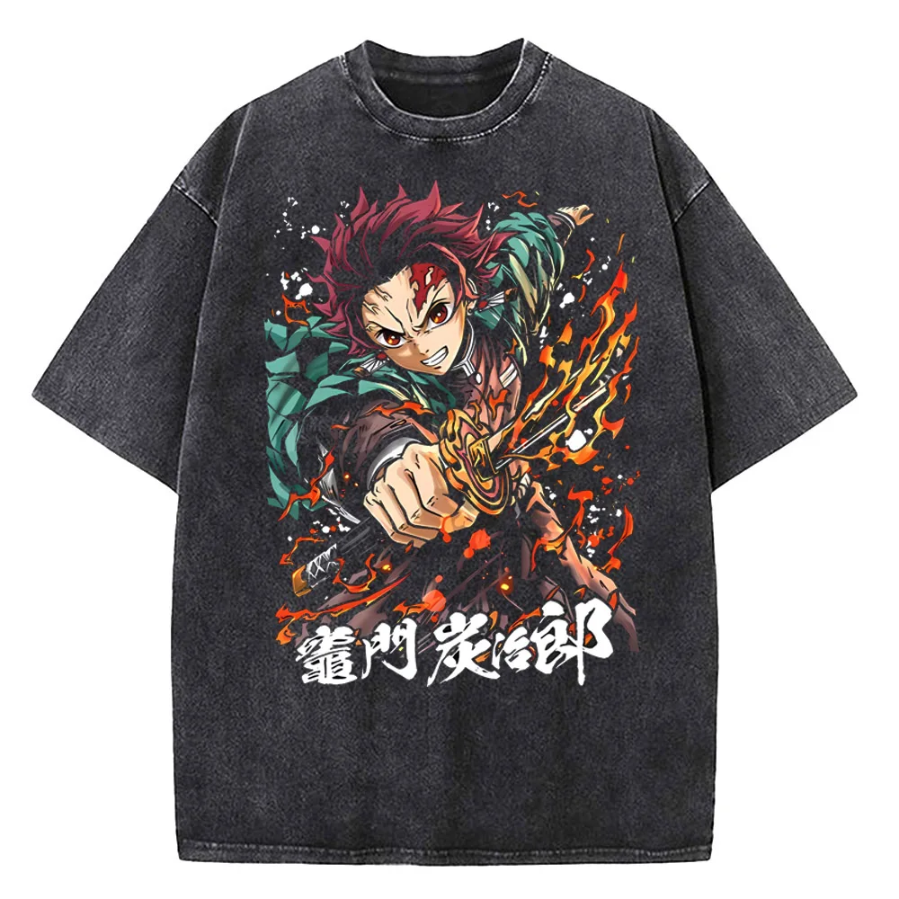 Anime Movie Demon Slayer Infinity Castle Washed T-shirt Men Fashion Vintage Tshirt Summer Casual Cotton T Shirt Tops