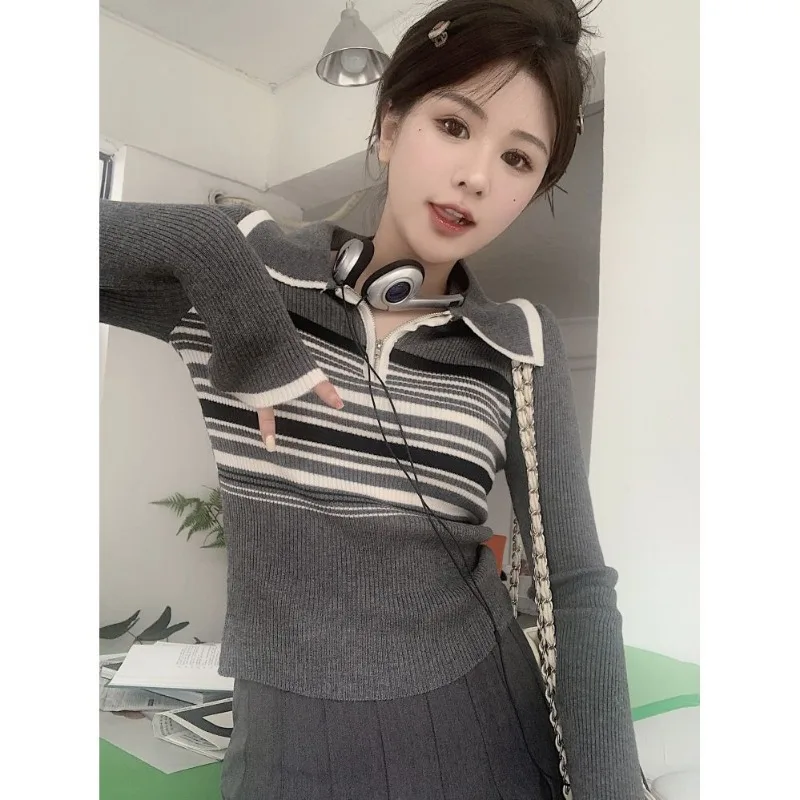 Contrast Striped Collar Long-sleeved Knitted Sweater Women's Autumn Design Niche Short Top