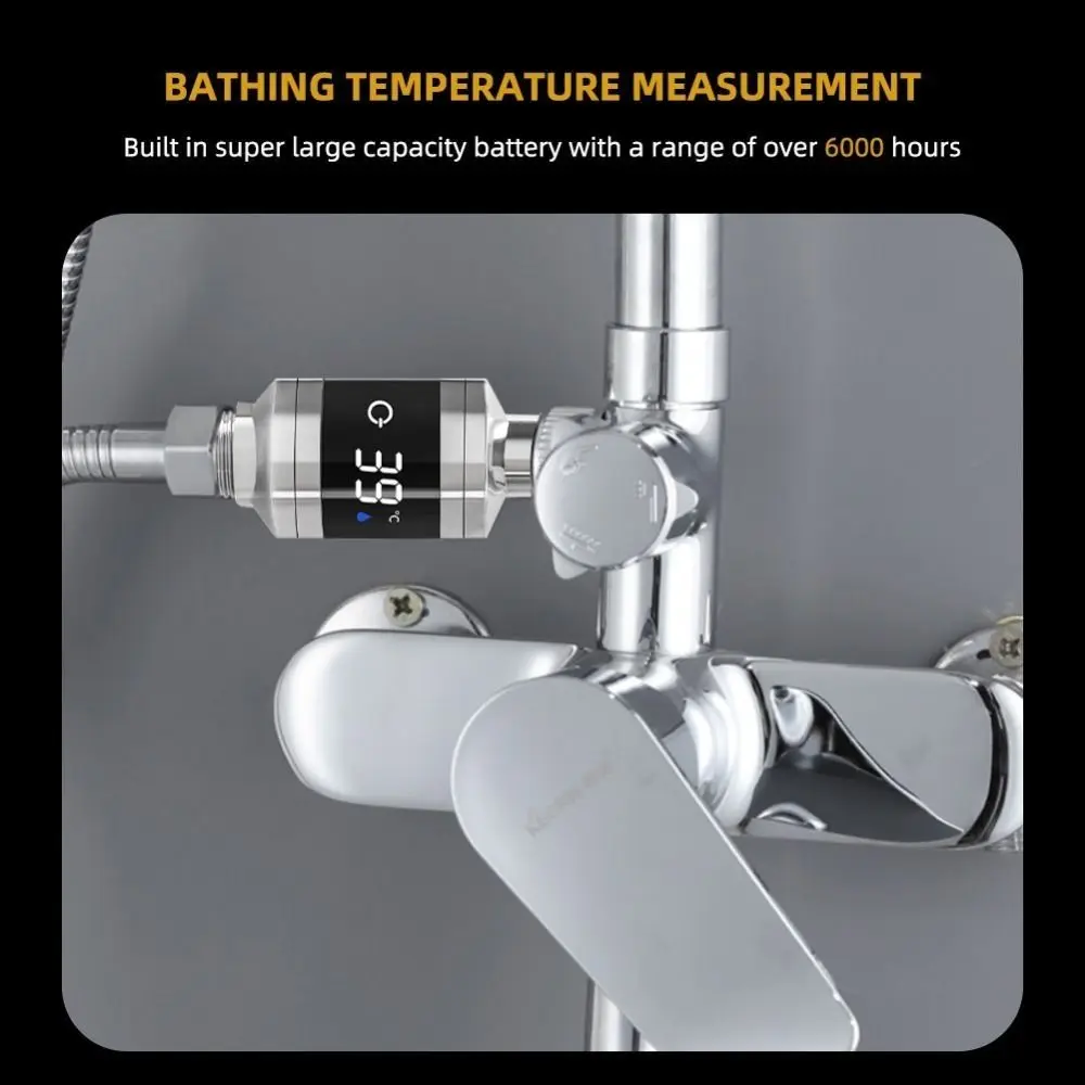 LED Digital Display Water Temperature Monitor Silvery Multifunctional Shower Water Thermometer 5-85℃ ABS