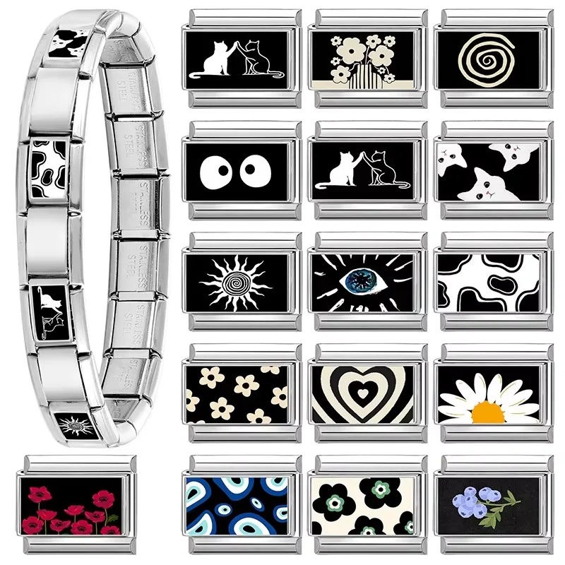 2025 New Black Series NO.8 Ball Eyes Flower Cat Italian Links Charm Fit 9mm Stainless Steel Gift Modular Bracelet Jewelry Making
