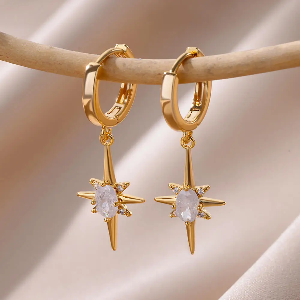 Zircon Point Star Crystal Earrings for Women 18K Gold Plated Stainless Steel Star Earring Christmas Party Hypoallergenic Jewelry