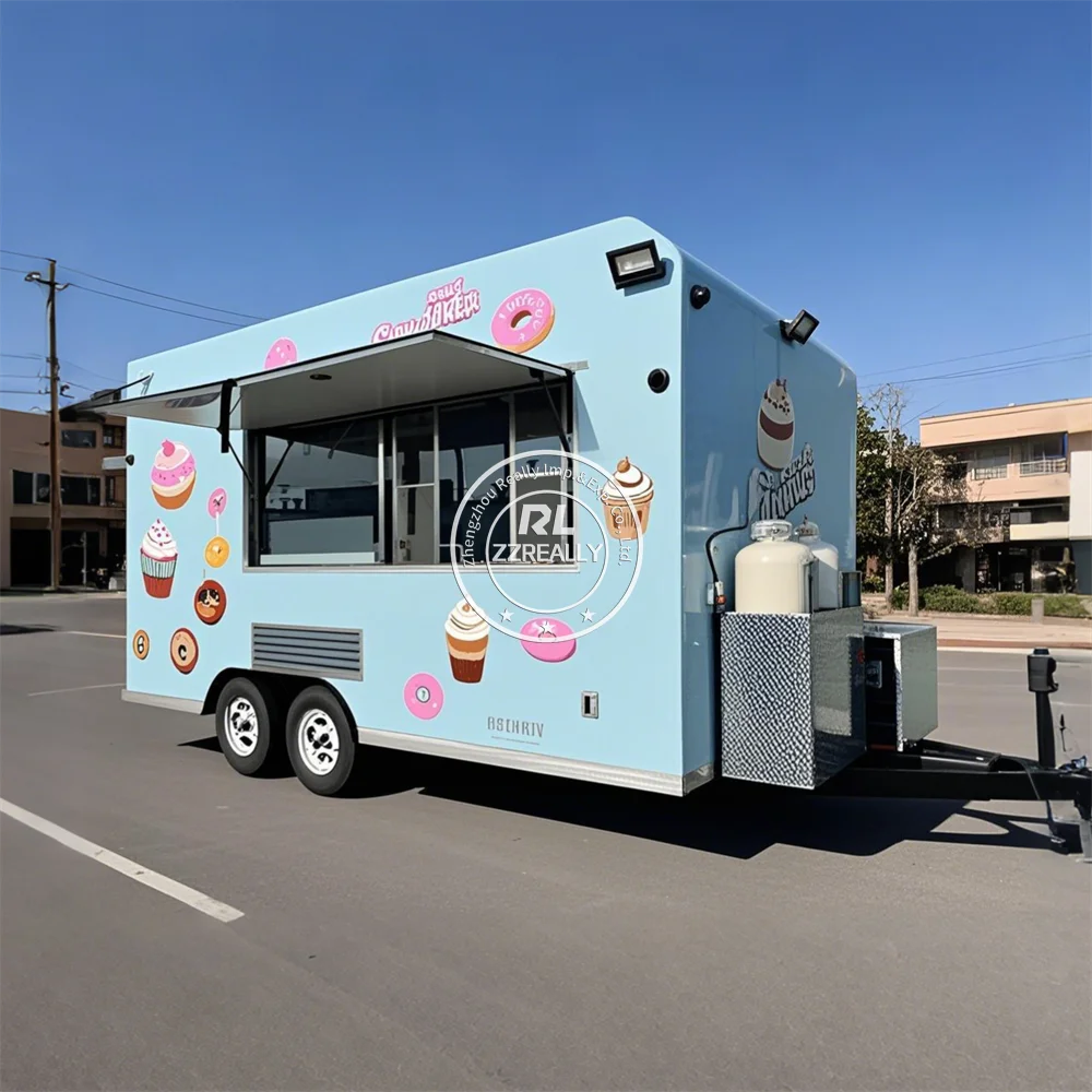 Camiones de comida móviles con logotipo personalizado, carrito de comida comercial de Catering totalmente equipado con cocina completa