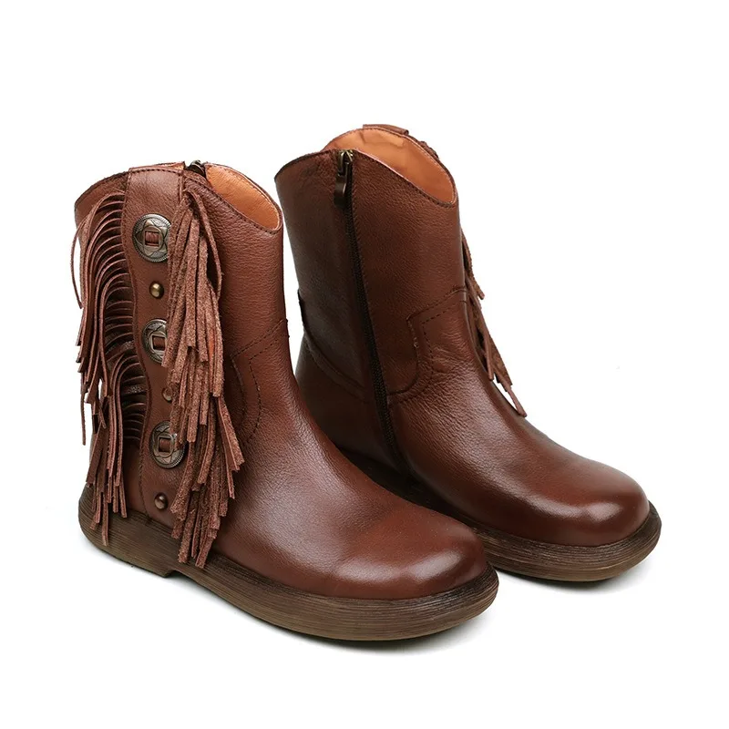 Birkuir ريترو النساء حذاء من الجلد البريدي أحذية بوت قصيرة 3 سنتيمتر كعب سميك شرابة أحذية منصة جلد طبيعي تصميم معدني أحذية كاجوال #5