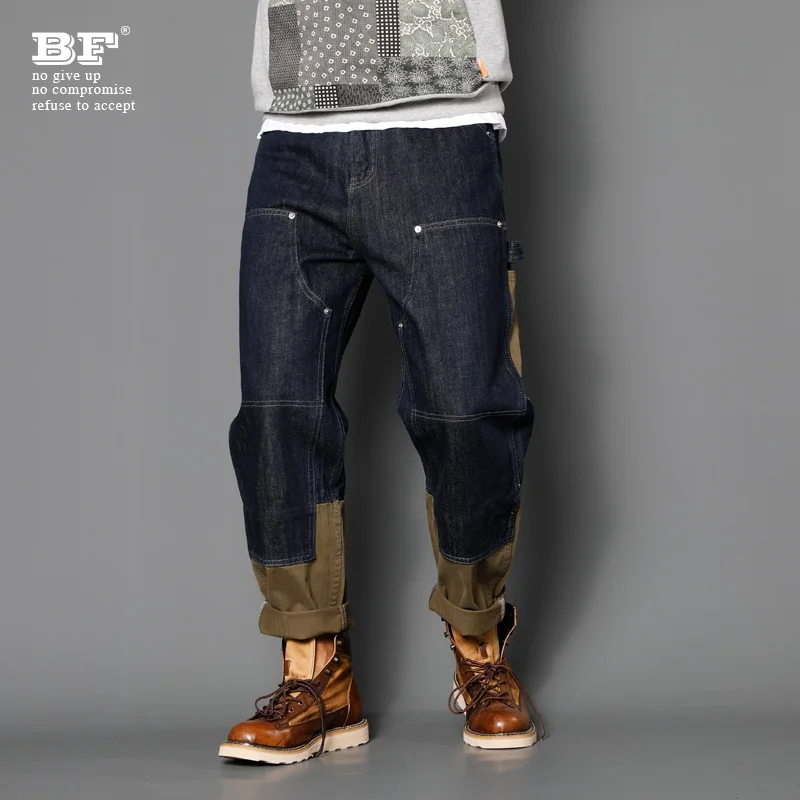 High-End American Style Straight Leg Jeans for Men Loose Fit Trendy Autumn Winter Multi-Pocket Patchwork Casual Jeans
