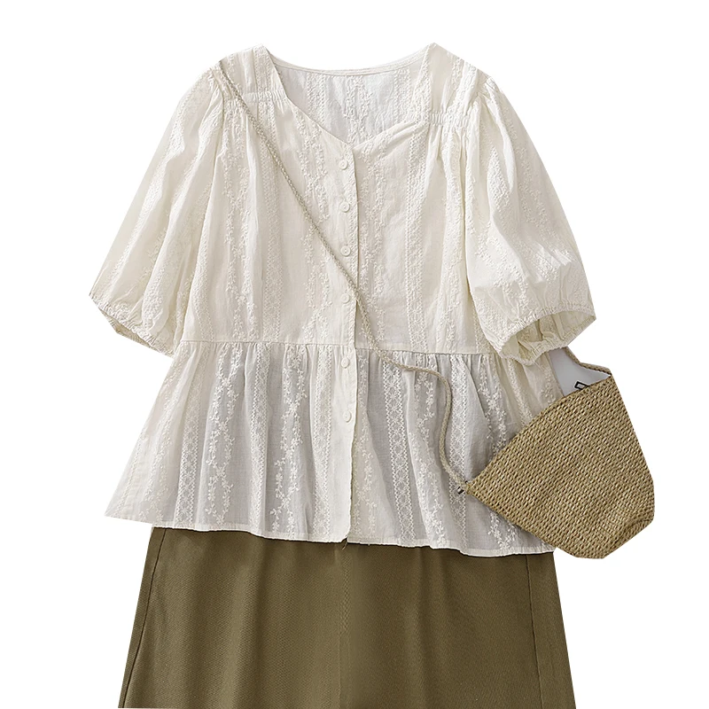 Retro geborduurde lantaarn Sve irt dames zomer Faion leeftijd-Defng pop irt V-Ne top trendy katoenmix materiaal