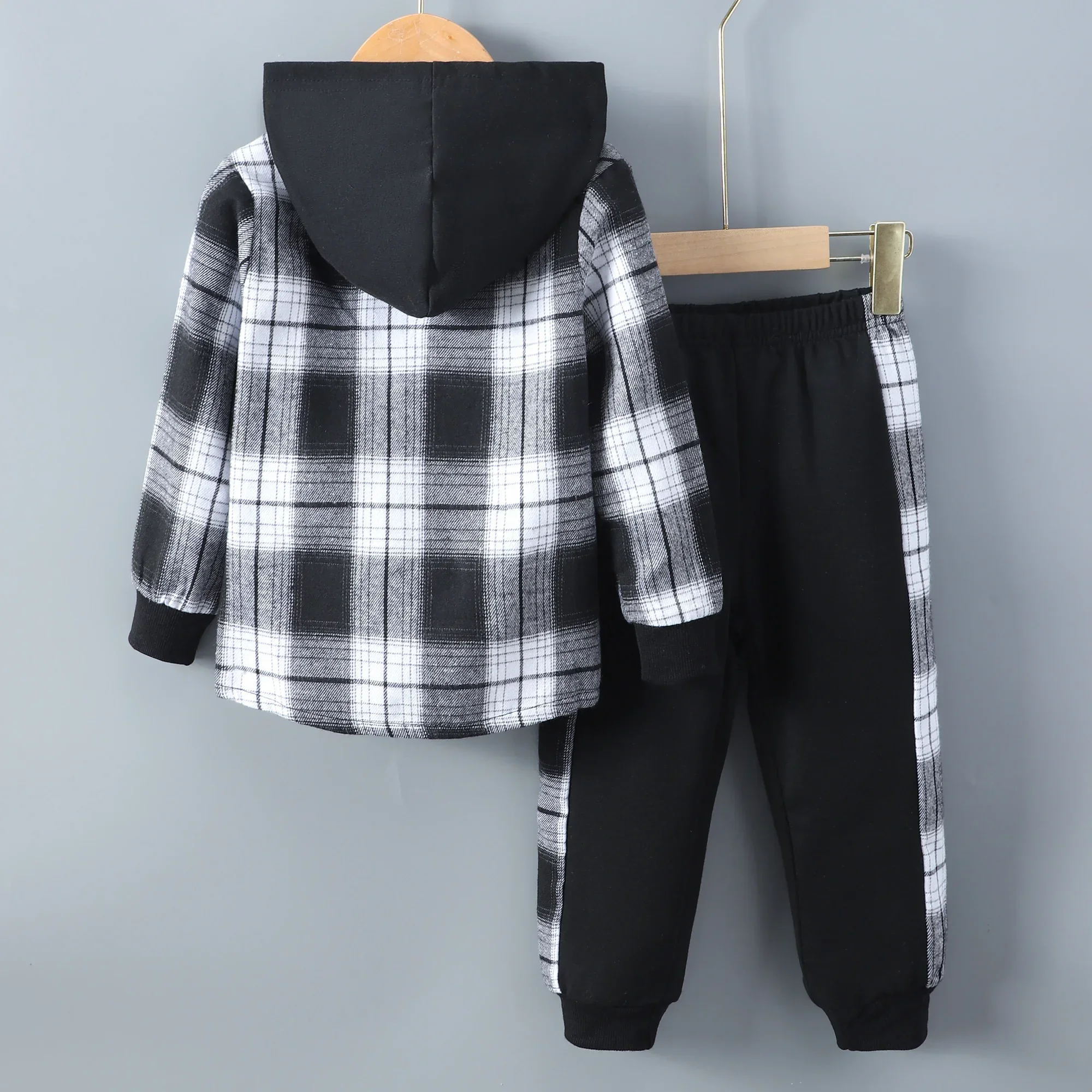 2pcs Boys Casual Creative Long Sleeve Plaid Hooded Jacket&Sweatpants Sets Kids Clothes Girls Clothes