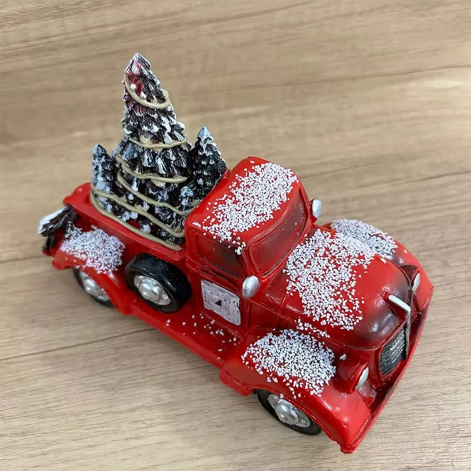 

Red Kart Christmas Tree Statue Resin Craft Car Figurine Creative Christmas Home Decoration Holiday Gift Collection Ornament
