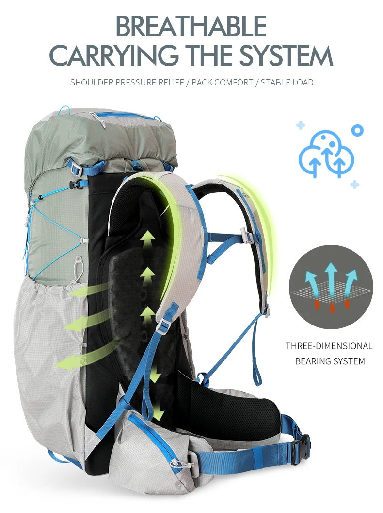 55L Wasserdichter Wander- und Campingrucksack mit Regenschutz, Großer Leichter Reise-Tagesrucksack zum Klettern – Detail 5