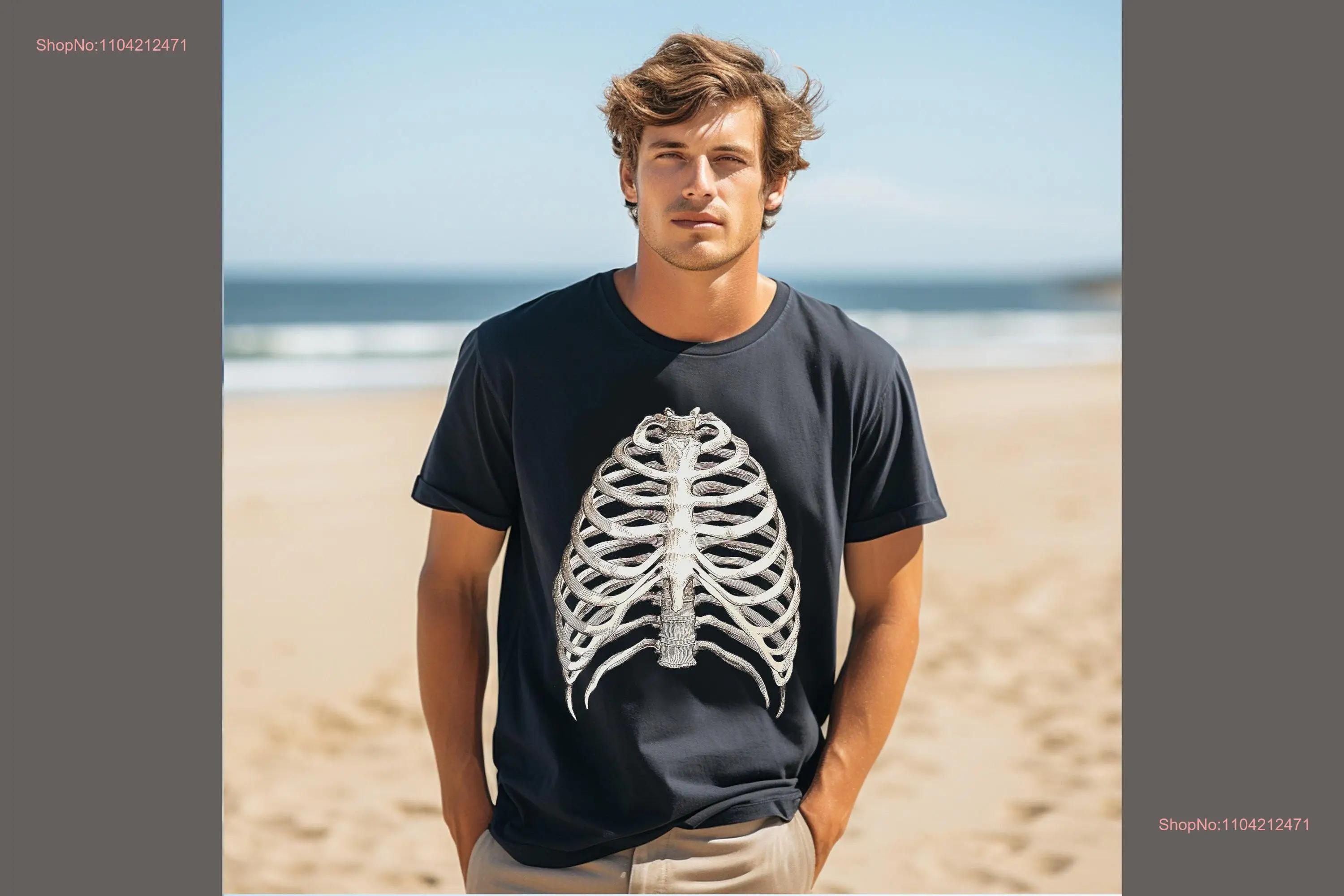 Halloween T Shirt Rib Cage Black Spooky Funny Costume Skeleton Medium Cotton long or short sleeves