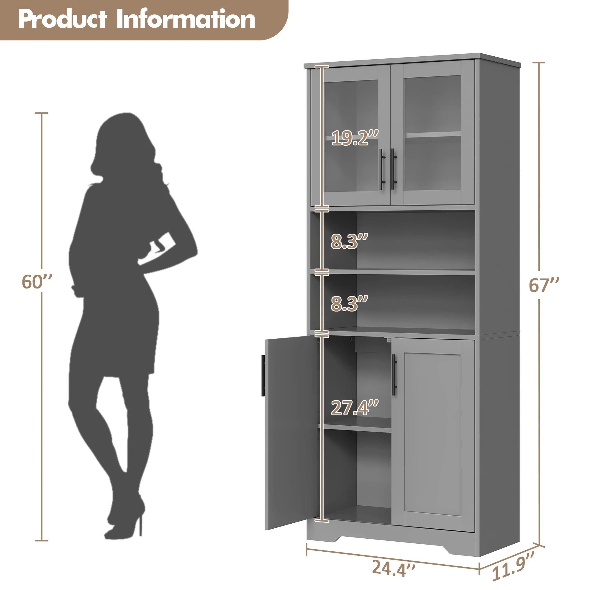 Spacious Freestanding Storage Cabinet - Tall Cupboard with 4 Doors, Glass Accents, Adjustable Shelves, Multipurpose for Bathroom, Kitchen, Pantry, Laundry, Living Room, Gray/Antique White/Black/Brownish Red