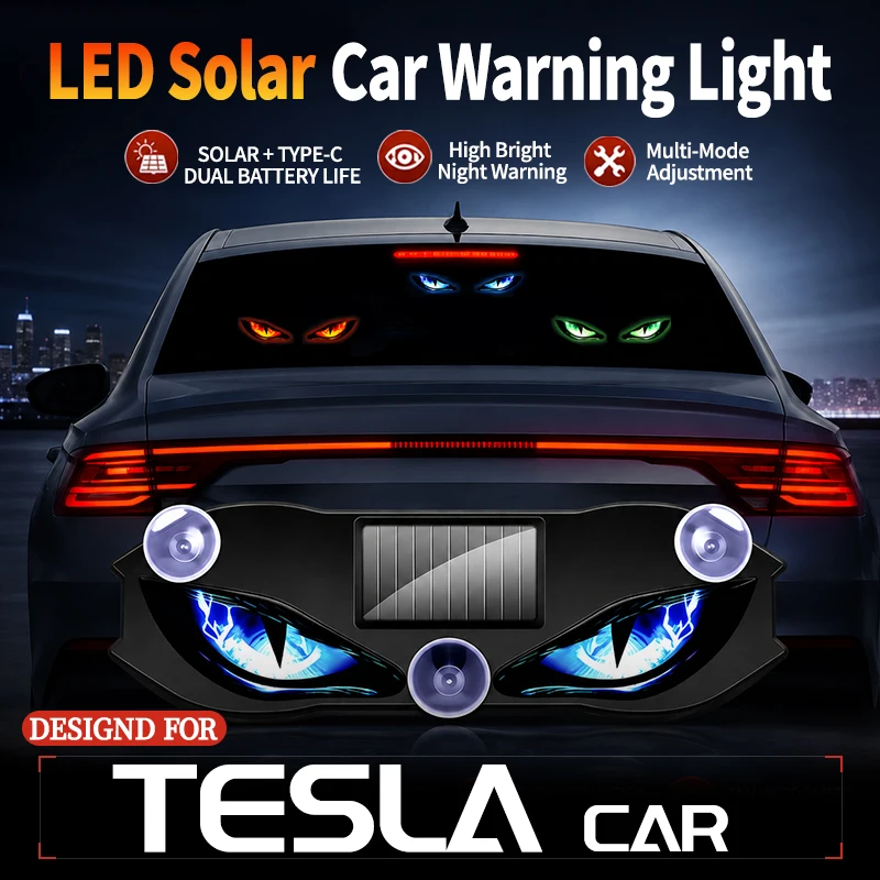 Fits For Tesla Car Solar Powered Devil Eye Blinking Car Light Vibration Sensor Car Ambient Light Triangle Window LED Decoration