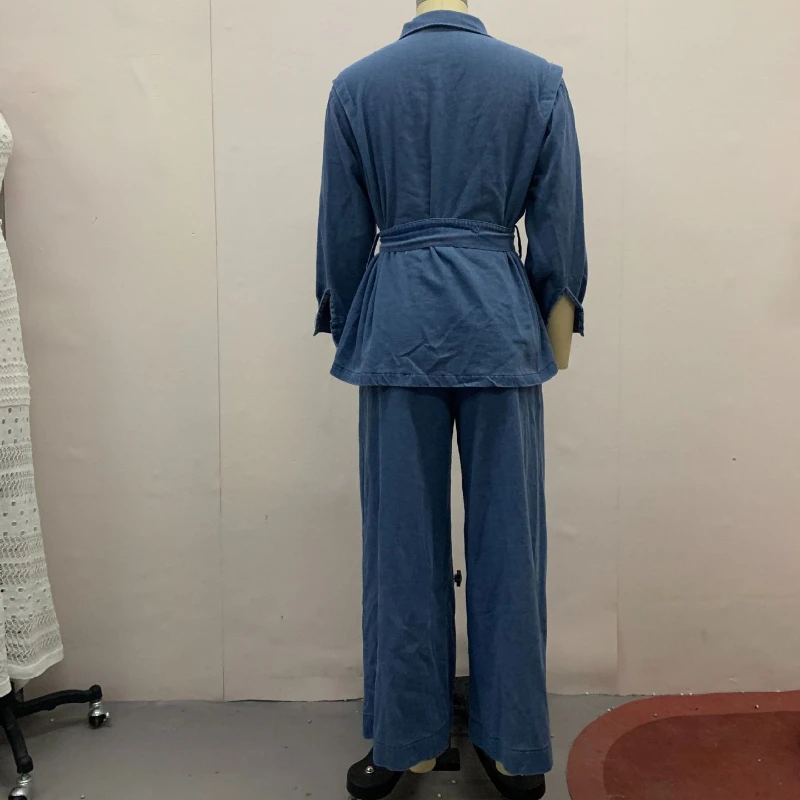 Women Two Piece Sets Turn Down Collar Jeans High Waist Belt Tops Wide Leg Long Pants Retro Fashion Denim Trousers Set 2025