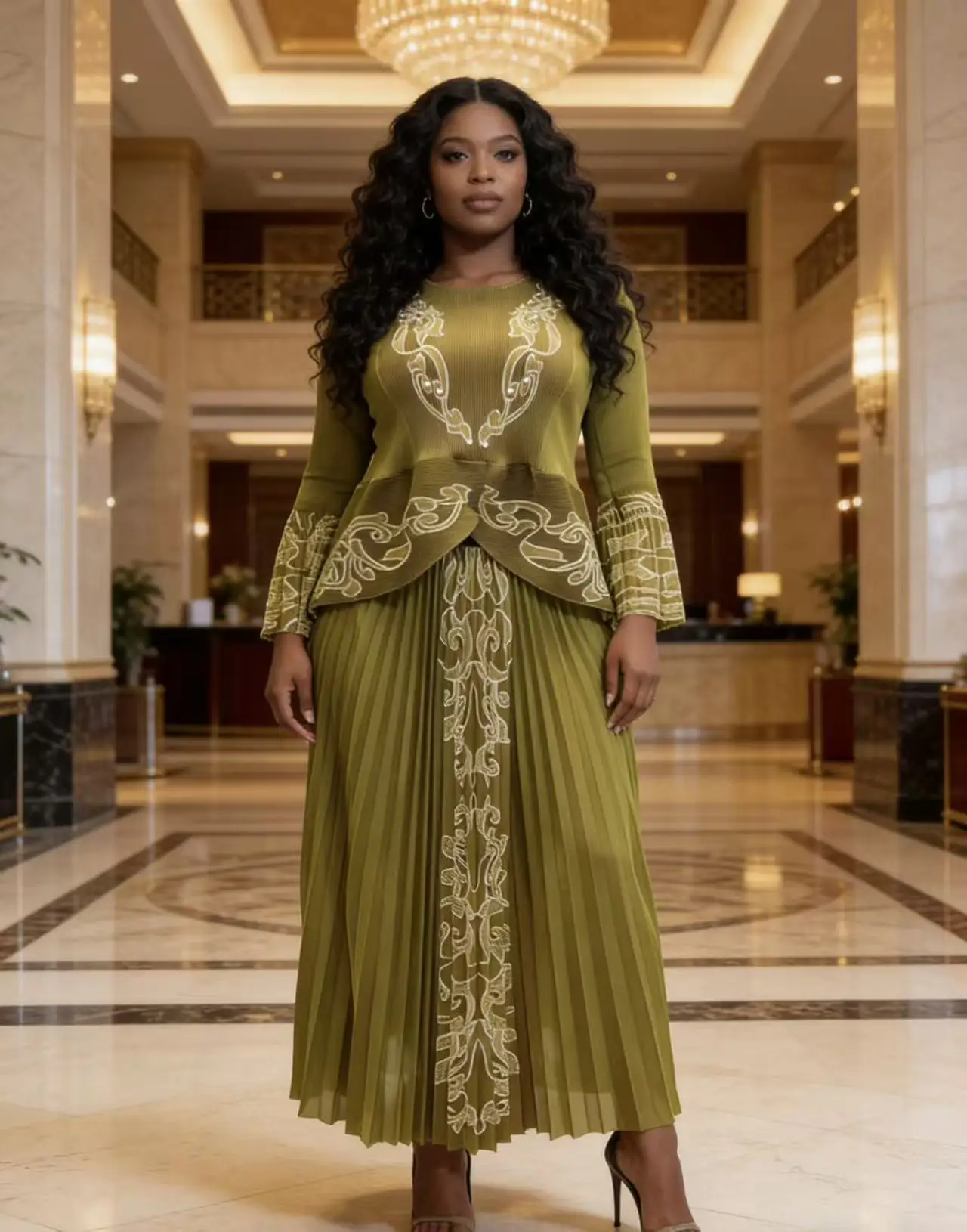 

2026 Spring New African Miyake Pleated Printing Loose Fashion Top + Pleated Skirt Two-piece Set Long-sleeved Women's Clothing