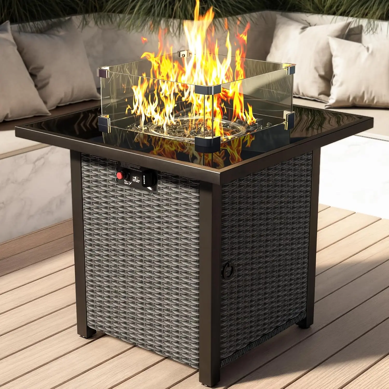 

28" Rattan Square Fire Pit Table, Outdoor Gas FirePit W/Glass Wind Guard, Tempered Glass Tabletop, Lid, CSA Listed, 50,000 BTU