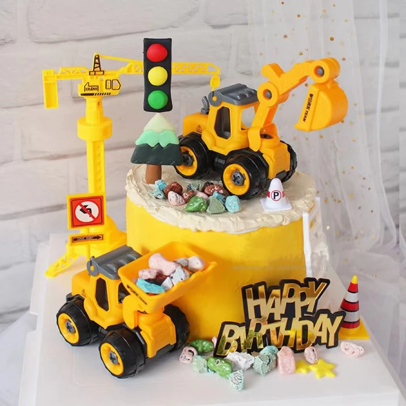 Excavator Car Crane Tractor Birthday Cake Topper Construction Party Decor Boy Kid Baby Shower 1st Birthday Party Cake Baking Kit