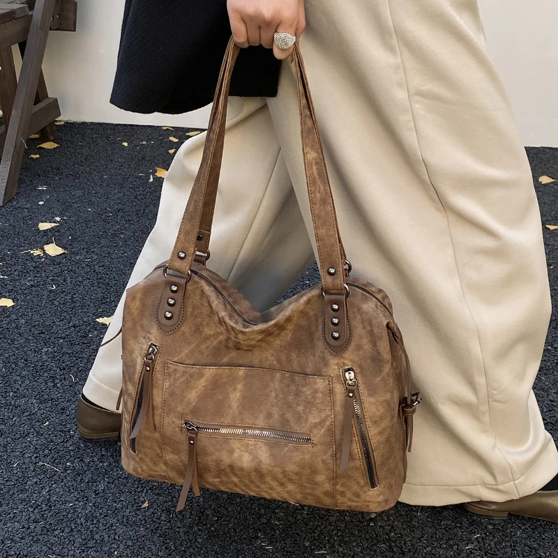 

Vintage Large-capacity Tote Bag Trendy Multi-pocket Zippered Shoulder Bag High-end Faux Suede Women's Crossbody Bag Travel Bag