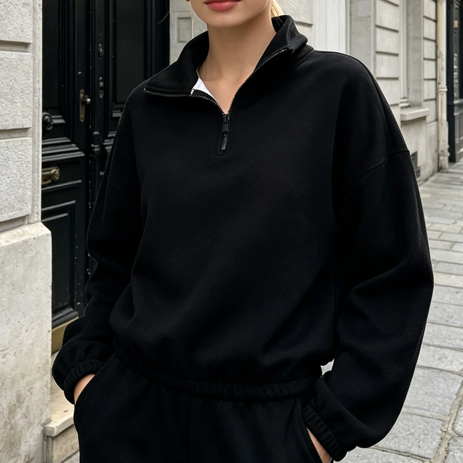 Women's Fleece Lined Half Zip Sweatshirt Casual Stand Collar Pullover Long Sleeve Oversized Top for Fall Winter Streetwear