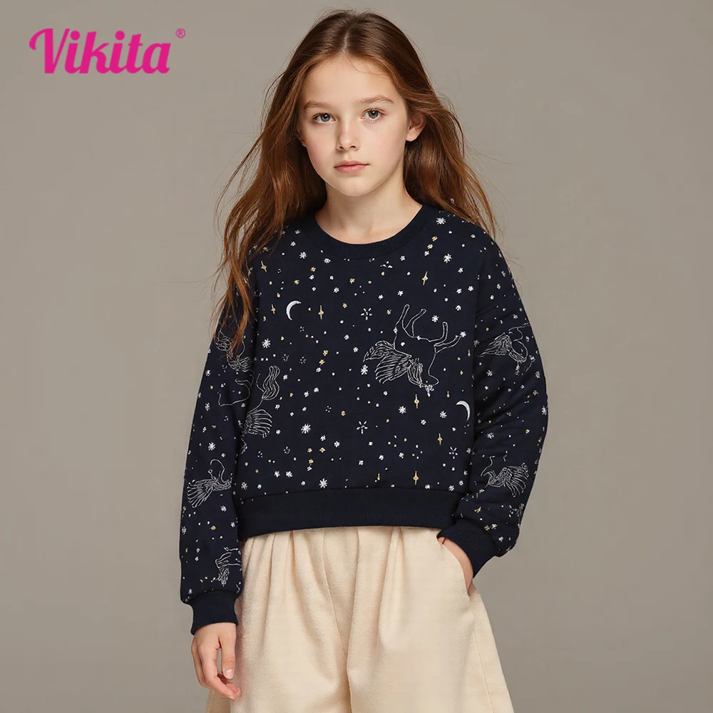 VIKITA Kids Unicorn Starry Moon Print Sweatshirt Tops Teenagers Autumn Spring Sports Wear Casual Cotton Fashion Sweatshirt