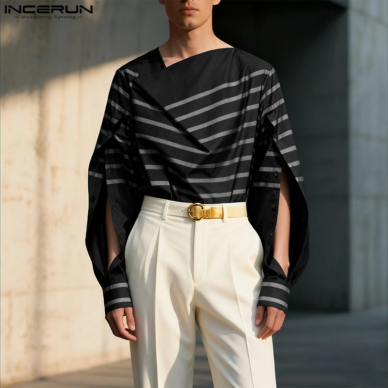 INCERUN Men Striped Shirt Long Sleeve Hollow Out Boat Neck Men Clothing Streetwear Loose 2026 Fashion Casual Tops Camisas S-3XL