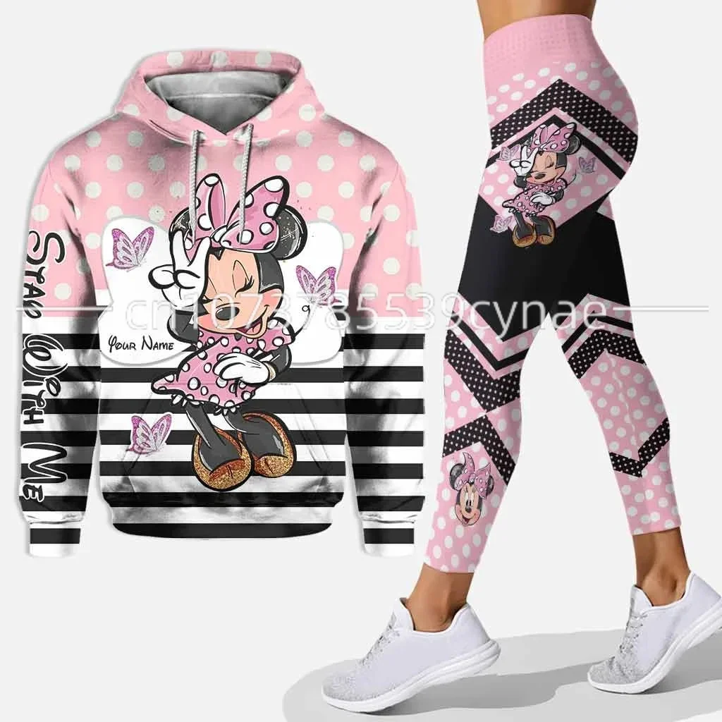 New Minnie Women's Set Sports Pants Sports Disney Yoga Set Pink Fashion Sportswear Essential Hooded Felpe Sweat Femme Top