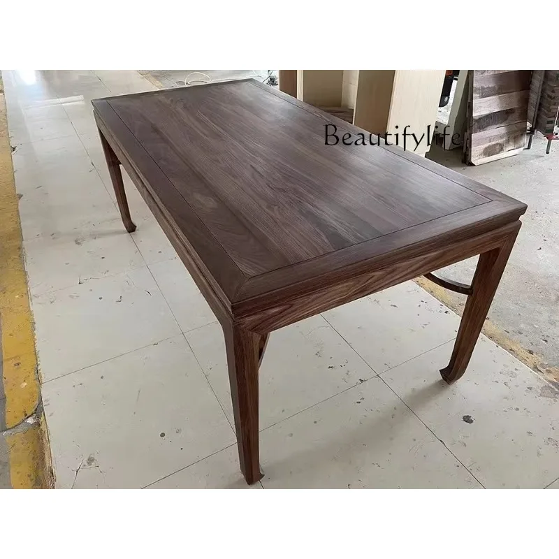 N40 Long dining table new Chinese all solid wood black walnut log dining table living room dining room villa workbench