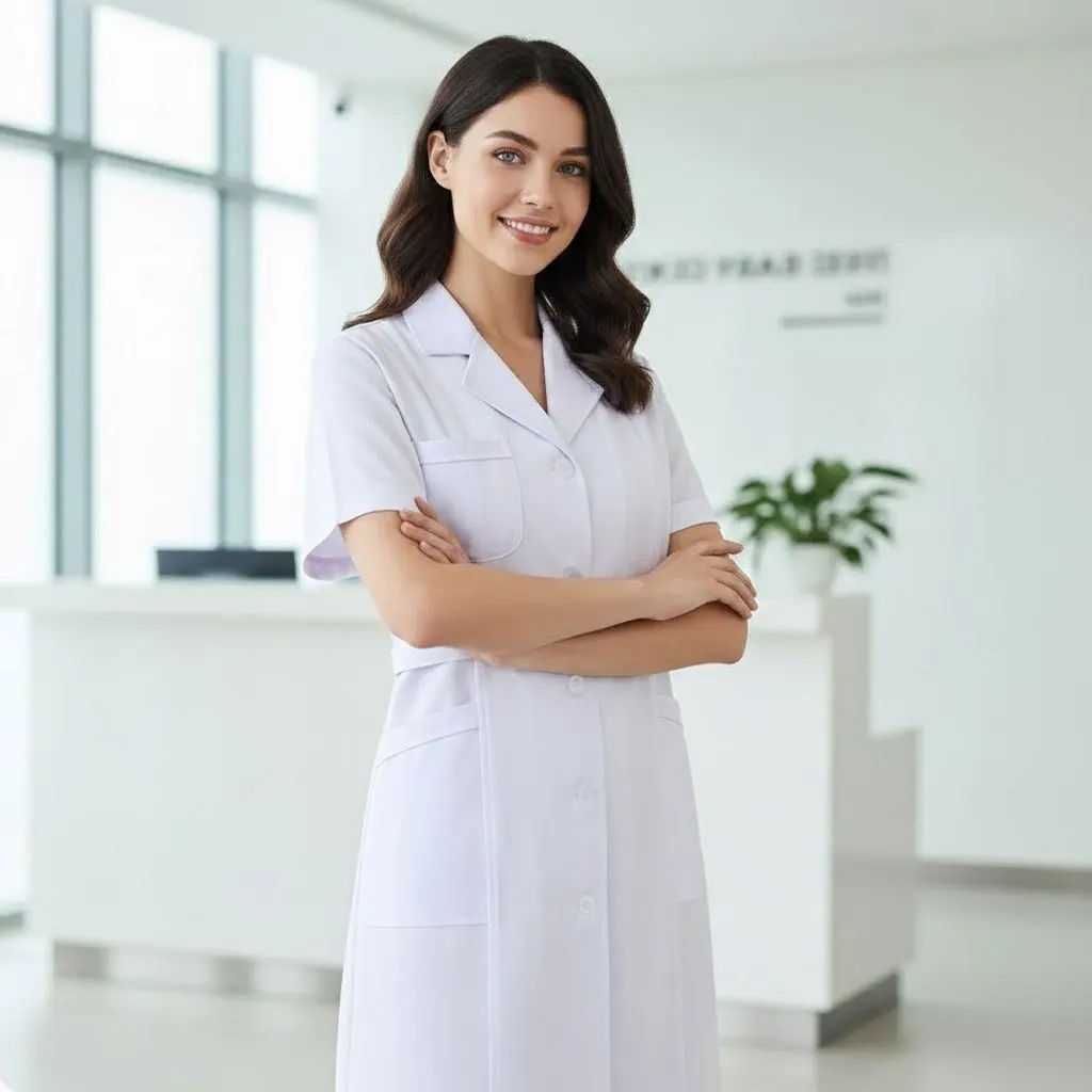 

Women's White Lab Coat Short Sleeve - Notched Lapel Nurse Uniform & Doctor Workwear Button Down Scrub Top