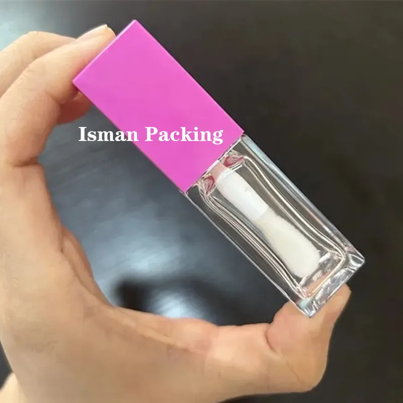 50 Uds cuadrado PET rosa fuerte claro blanco negro 8ml varita de cepillo grande contenedor de brillo de labios rellenable tubos botella de embalaje de brillo de labios