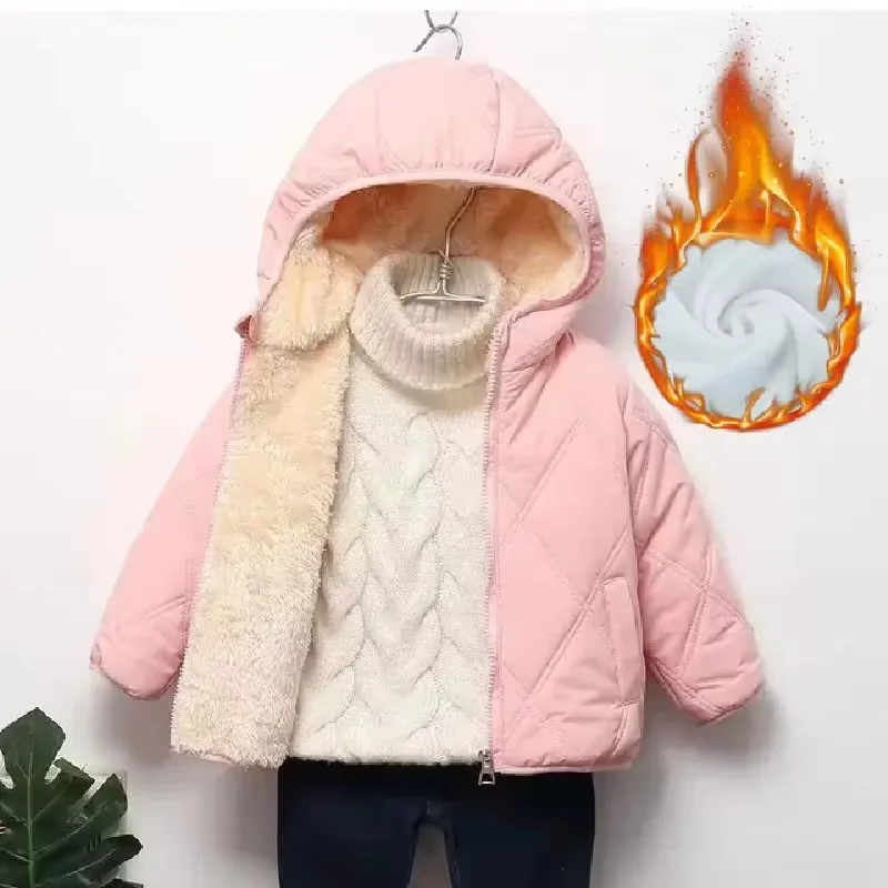 

Boys Girls Thick Down Coats Winter Plus Velvet Warm Jackets Kids Lamb Wool Snowsuit Children Fur Hooded Cotton Clothing 2-6 Year