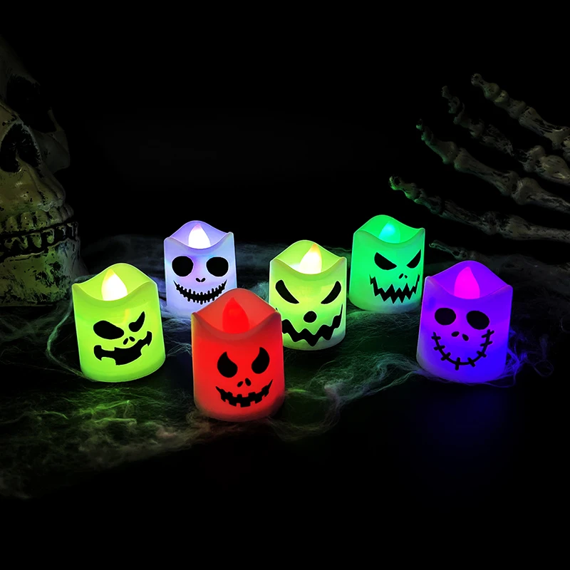 

6pcs Halloween Flameless Ghost Face Candle Scary Atmosphere Scene Decoration coloful Electronic Grimace Candle Light Party Decor