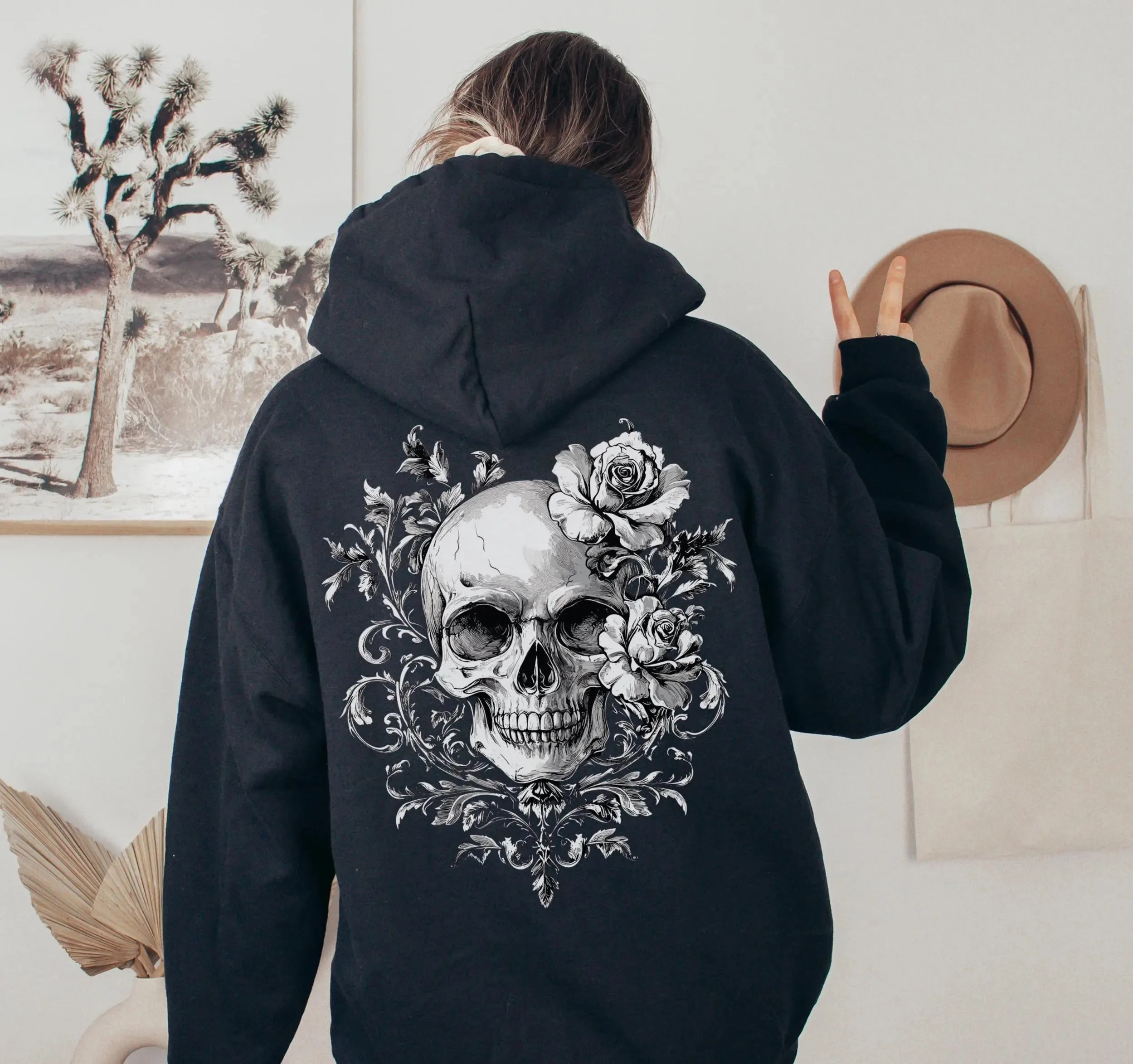 

Autumn and Winter Stylish Gothic - Rose - Skull Cotton Hoodie, Ideal for Gothic and Dark - Aesthetic Enthusiasts