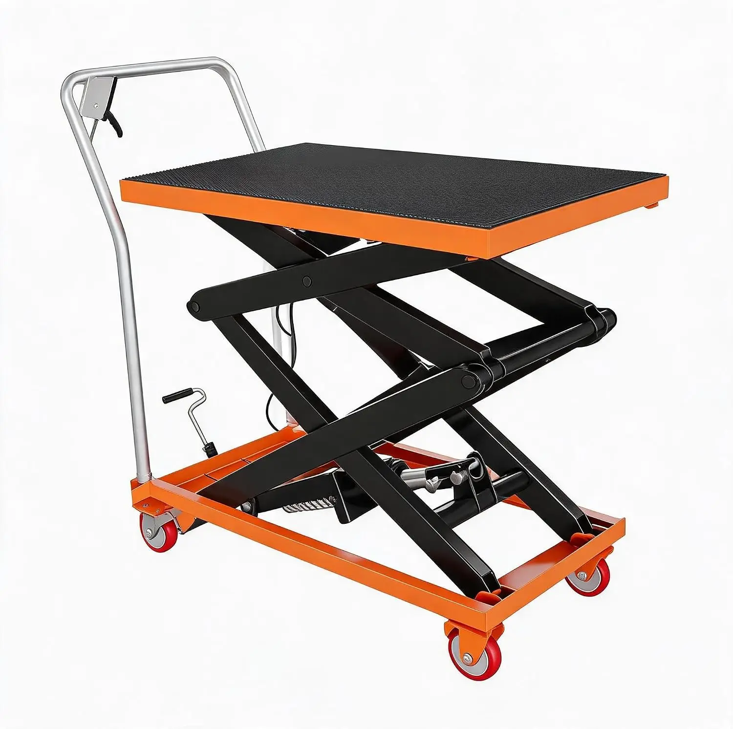 Tacleekii 330lbs Hydraulic Lift Table Cart Double Scissor Lift Table Thickened Steel 360 Swivel PU Wheels, Non-Slip Mat Foot Pedal & Release Lever for Stable Warehouse Garage Use