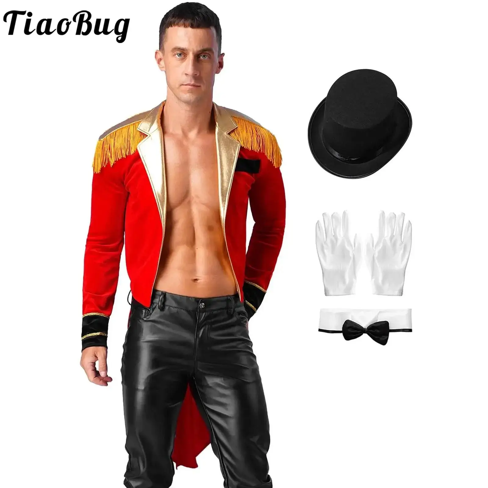 Mens Circus Ringmaster Costume Showman Jacket Coat Long Sleeve Tassel Velvet Halloween Lion Tamer Dress Up Tailcoat Outfits